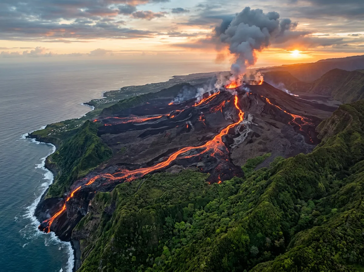 Aerial view of Piton de la Fournaise volcano on La Réunion showing active lava flows