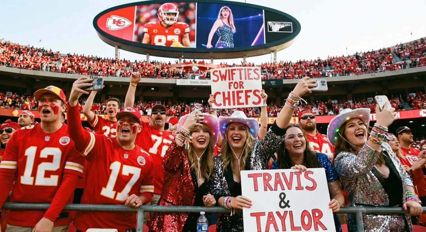 Football stadium crowd with fans wearing both team jerseys and concert merchandise