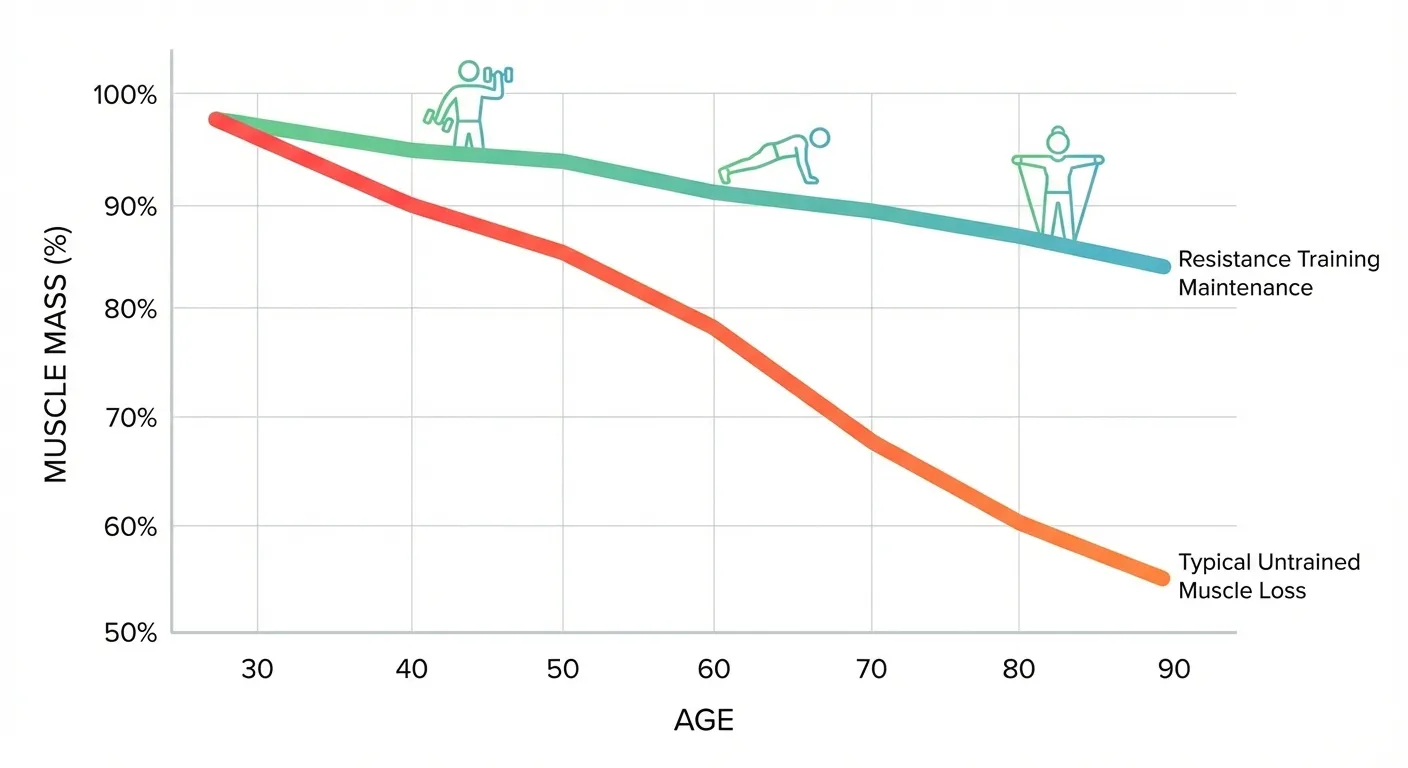 Graph showing muscle mass decline with age and the difference between trained and untrained trajectories