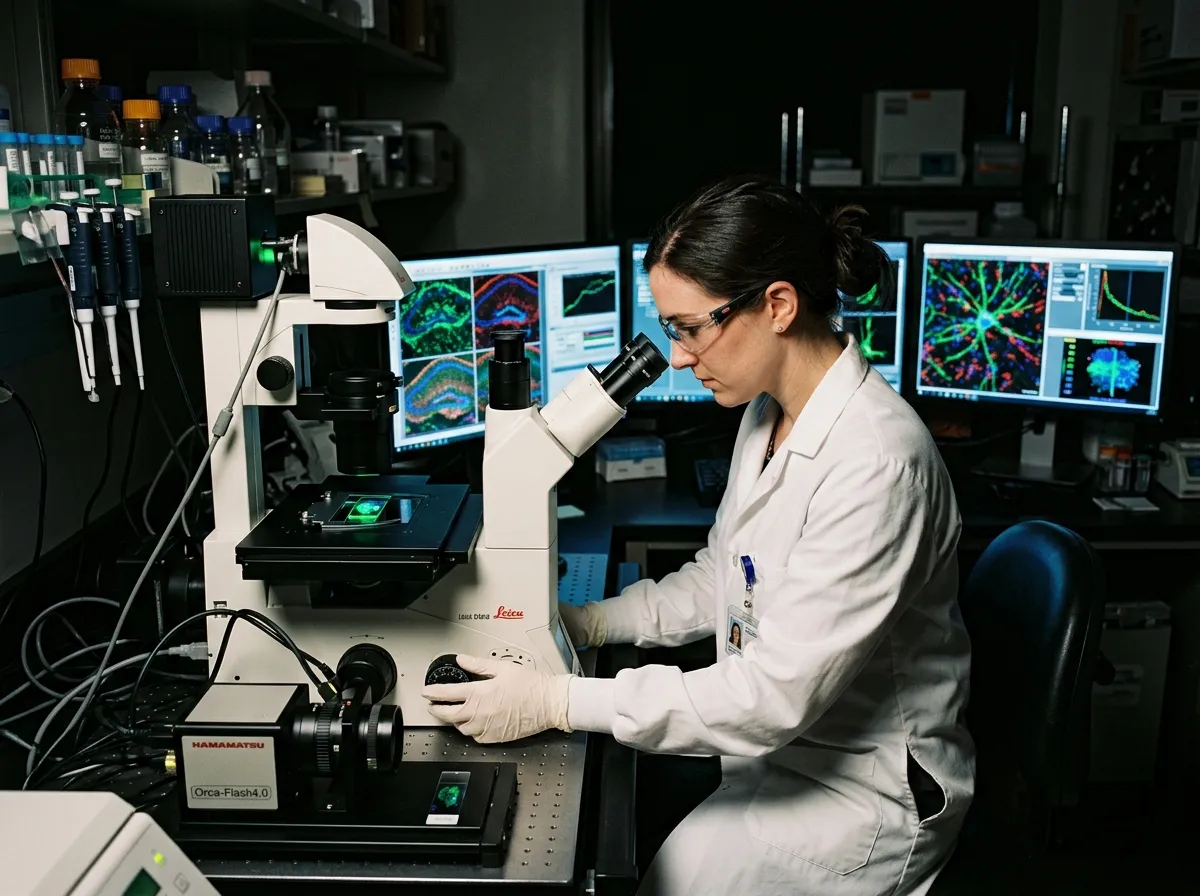 Laboratory researcher examining brain tissue samples under fluorescence microscopy at UCSF