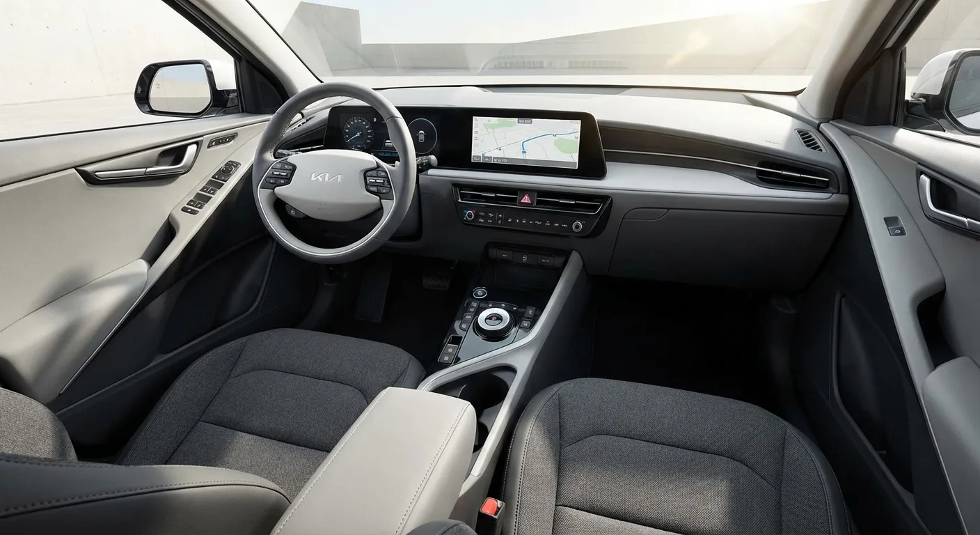 Interior view of Kia EV2 showing dashboard and touchscreen infotainment system