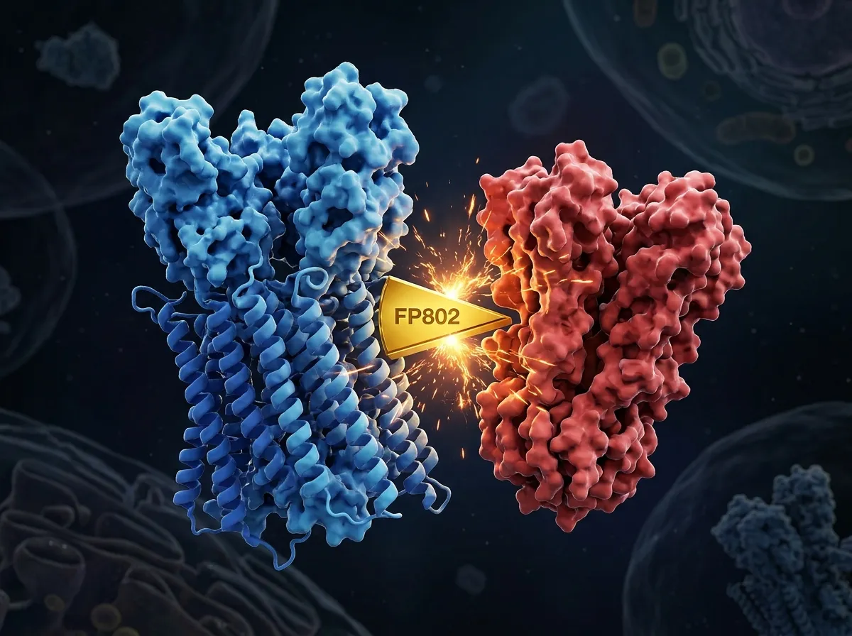 Molecular visualization showing a compound wedging between two protein structures to separate them