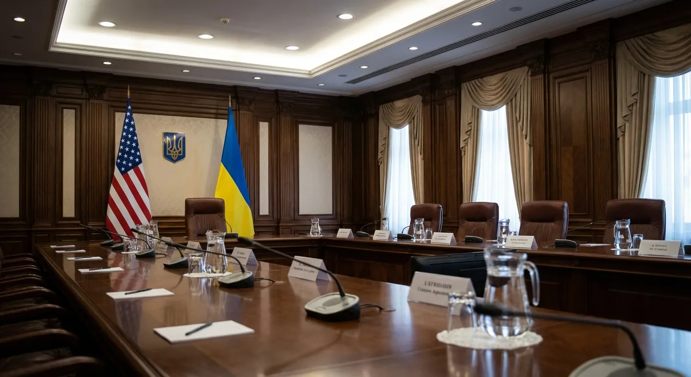 Diplomatic meeting setting with flags and formal atmosphere