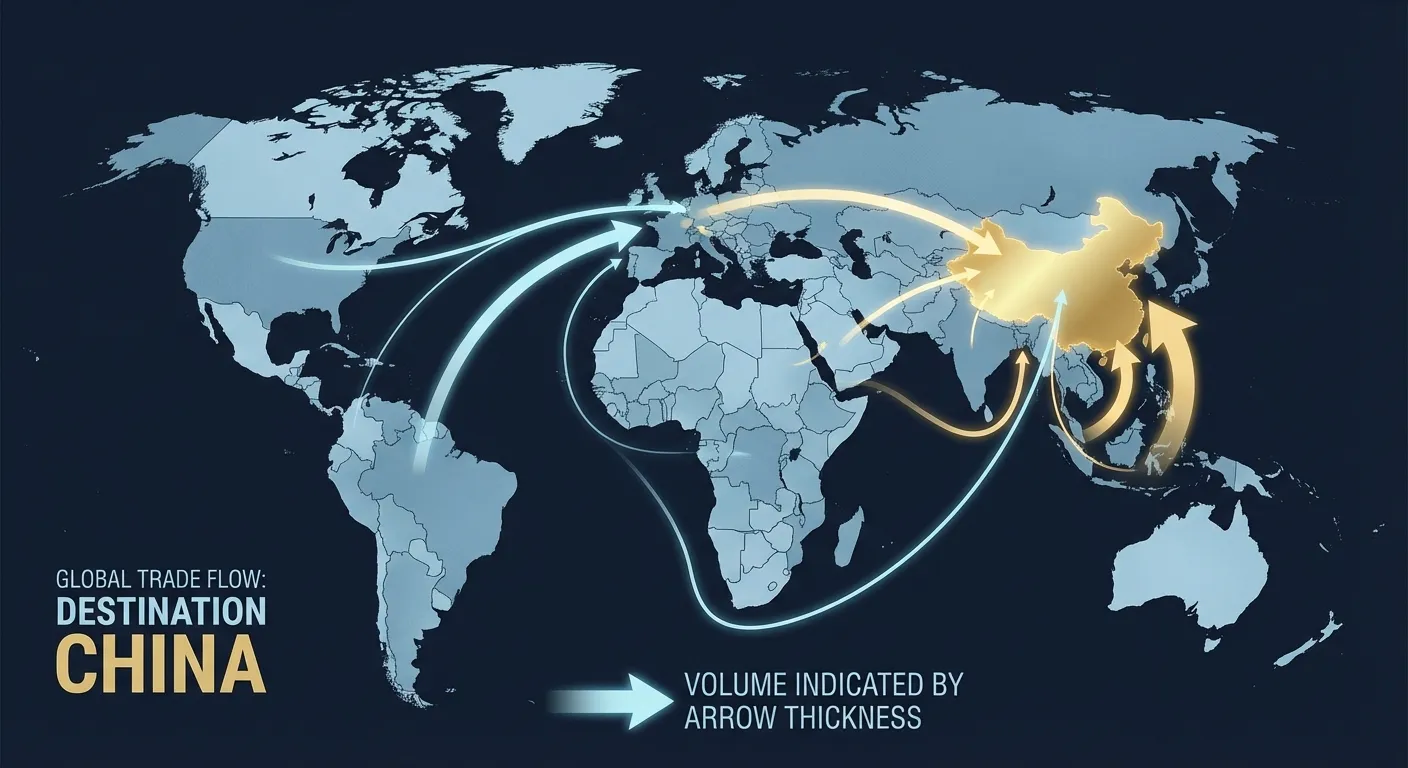 World map showing global trade flow arrows converging on China