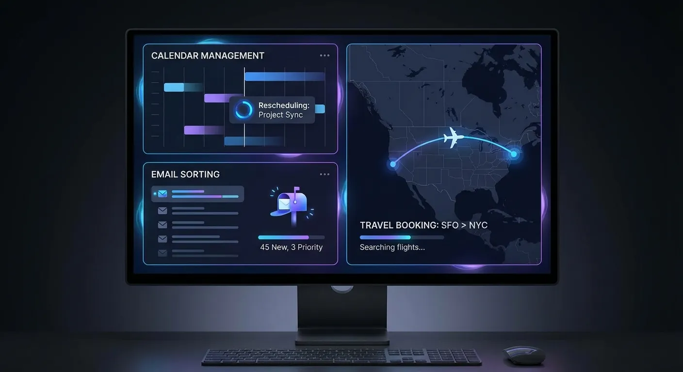 AI agent interface showing multiple task automations running simultaneously on screen