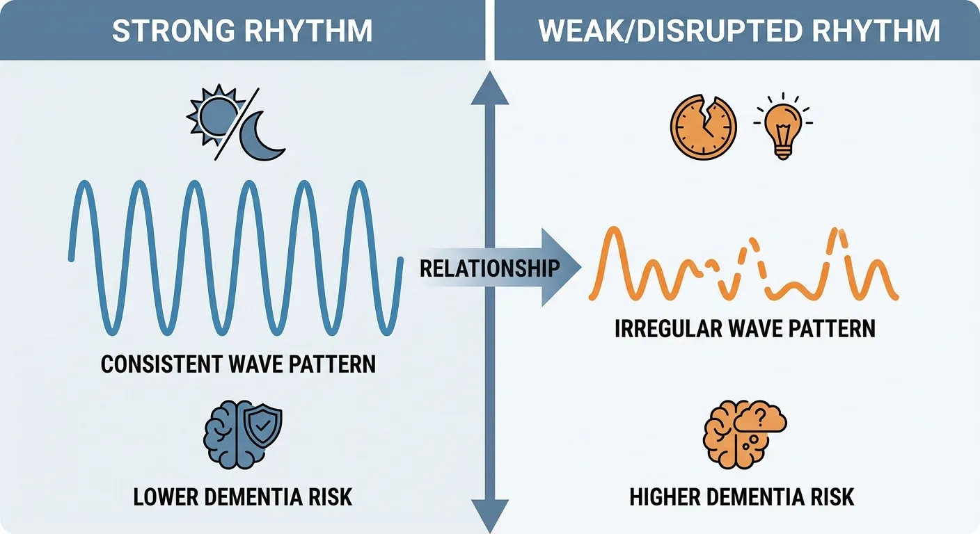 Infographic showing the spectrum of circadian rhythm strength and associated dementia risk levels