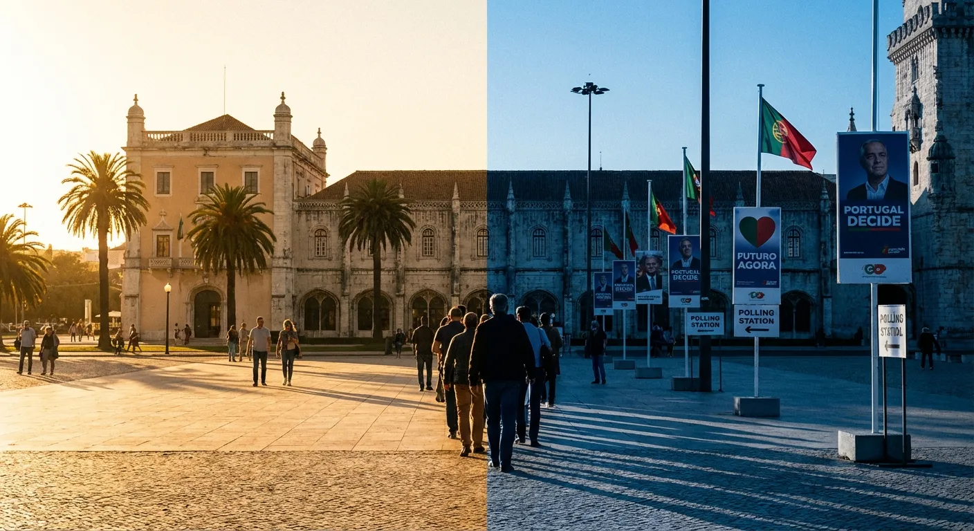 Portuguese presidential palace with election banners and voters gathering