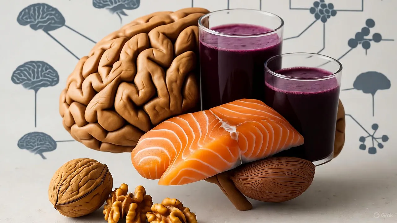 Brain-healthy foods including salmon, berries, nuts, and leafy greens