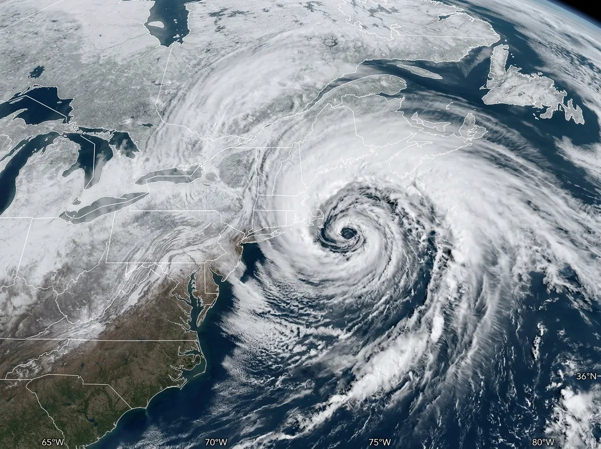 Satellite view of massive bomb cyclone winter storm over northeastern United States