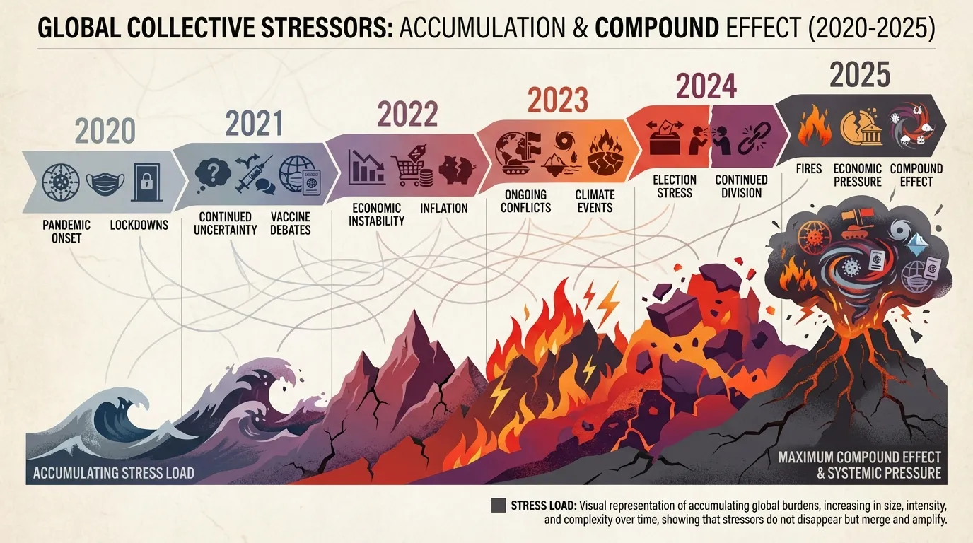 Timeline showing accumulation of collective stressors from 2020 through 2025