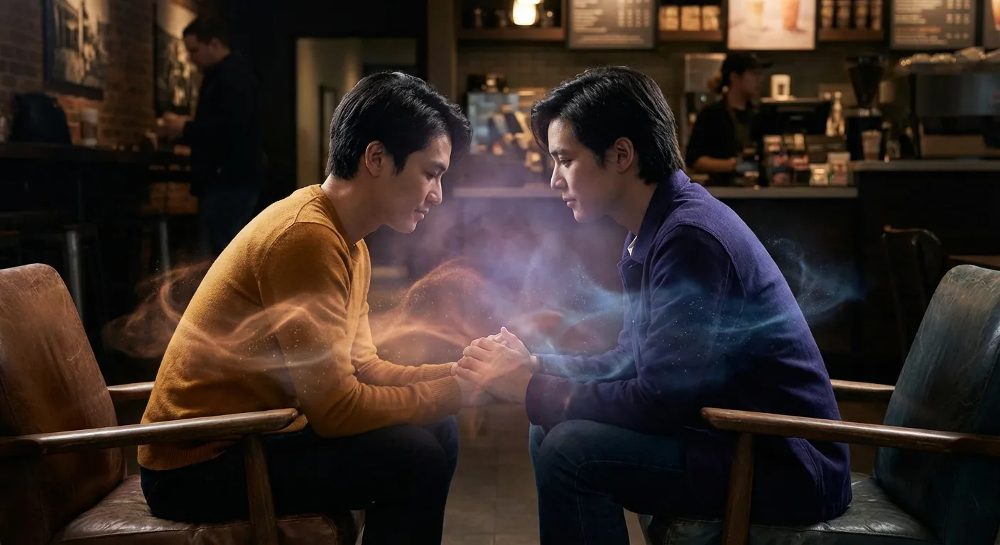 Two people in conversation with visible emotional energy flowing between them