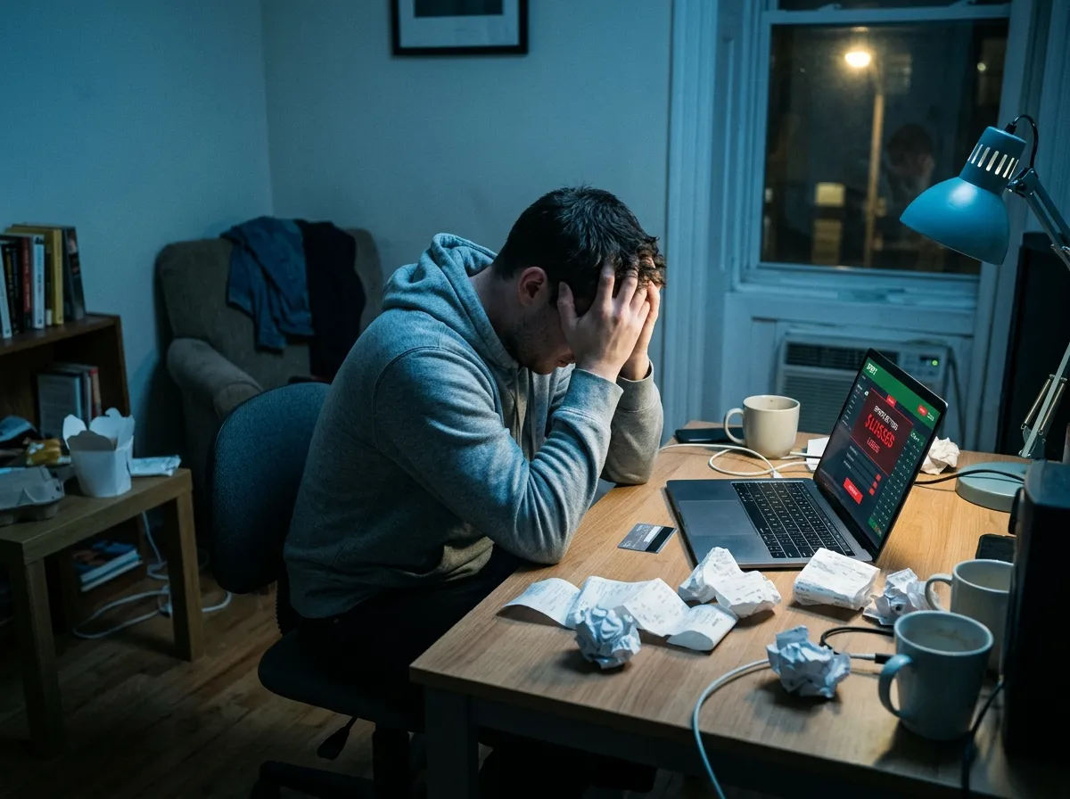 Young man stressed at laptop with sports betting app and credit card bills