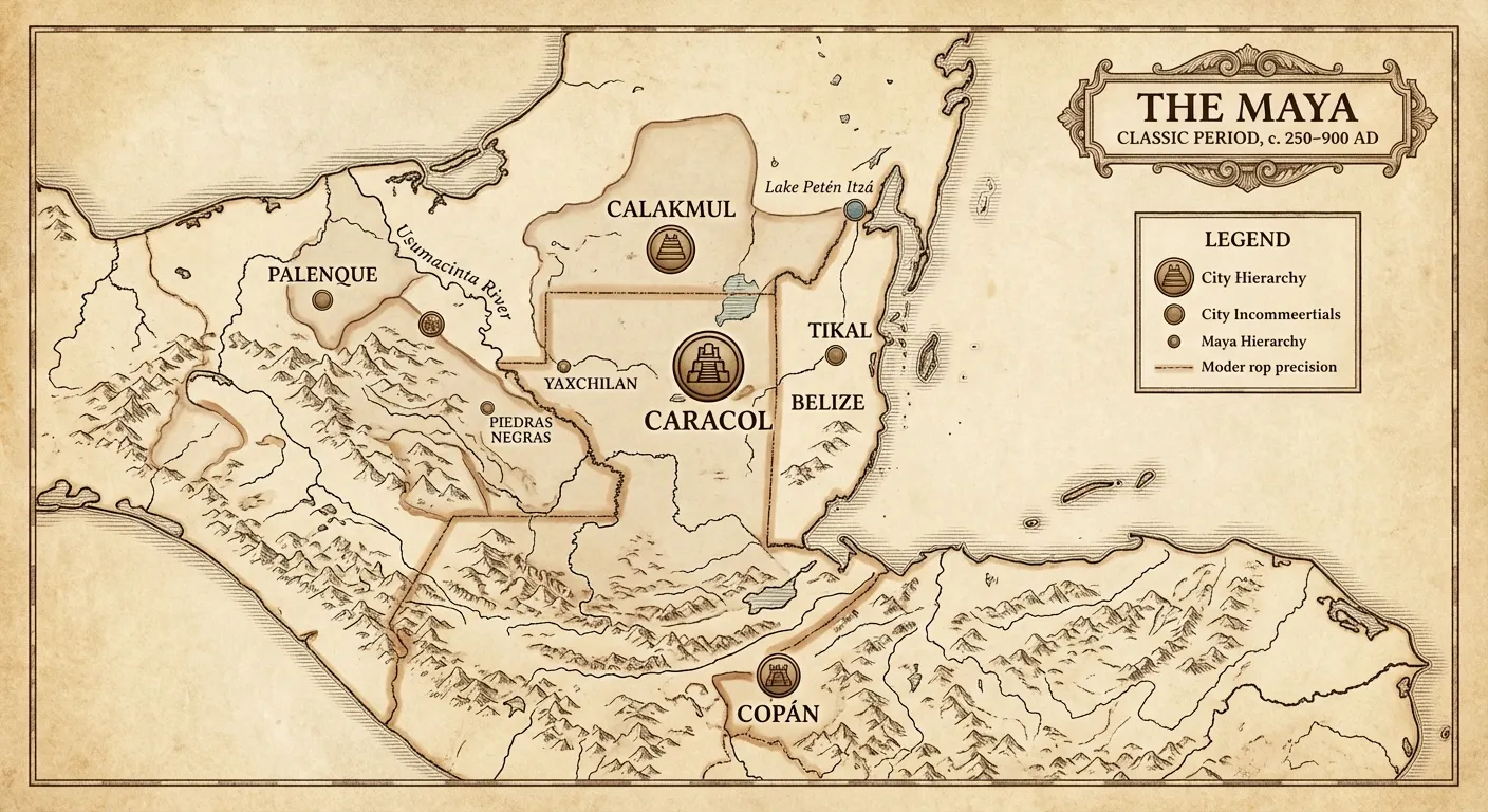 Map showing location of Caracol in Maya region with major contemporary cities marked