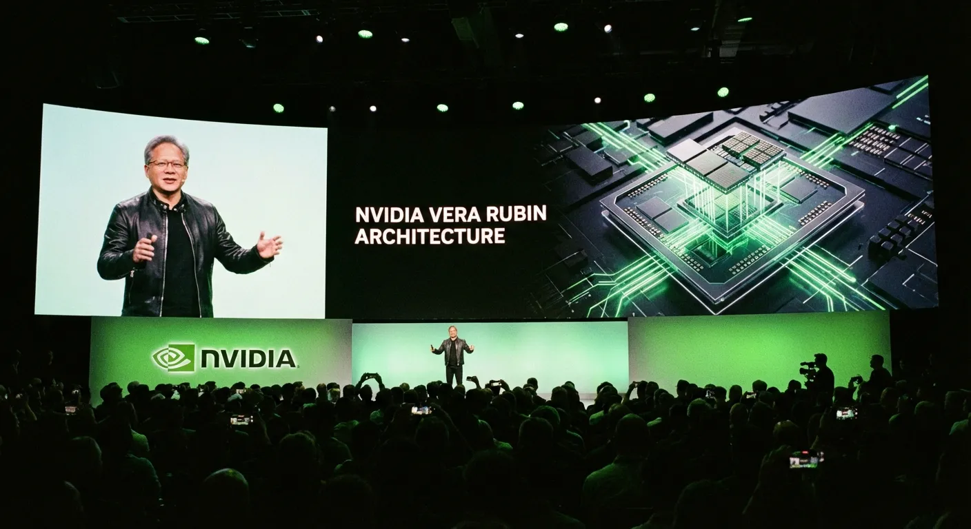 Jensen Huang presenting Nvidia Vera Rubin chip architecture on CES stage