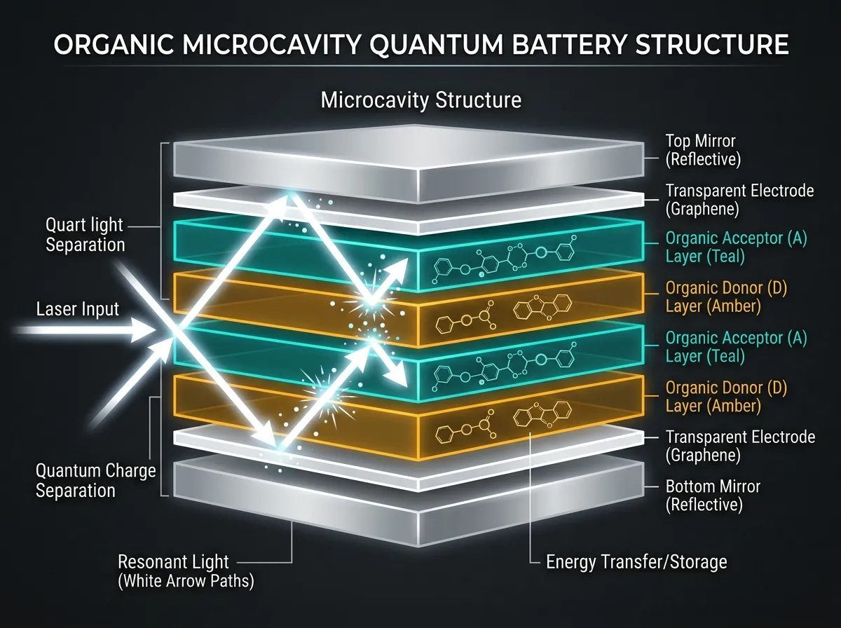 A diagram showing laser light bouncing between mirrors in a layered microcavity