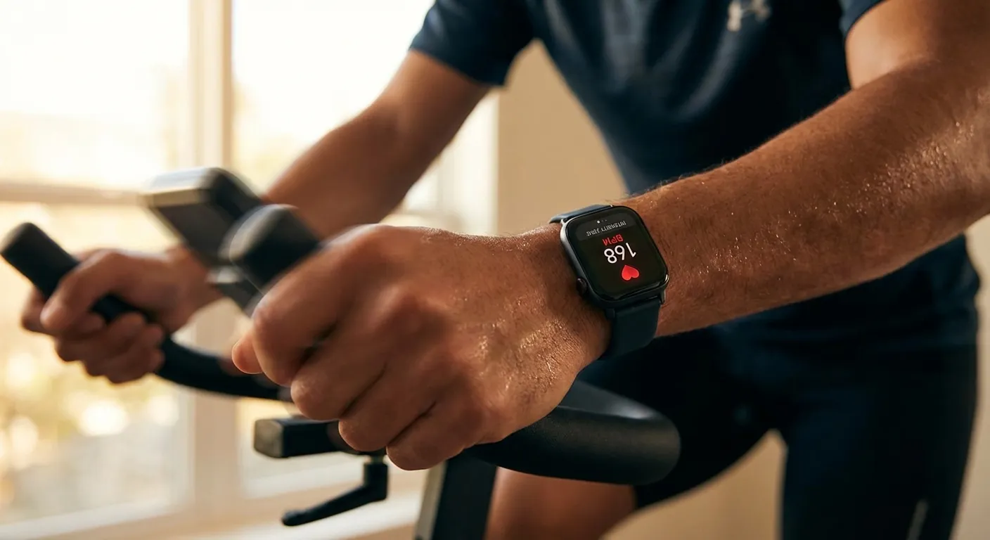 Person checking heart rate monitor during high-intensity cycling session showing elevated heart rate