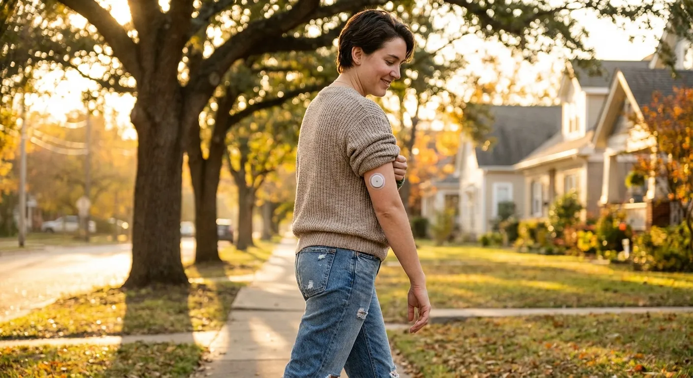 Person taking a casual walk on a neighborhood sidewalk after a meal during golden hour