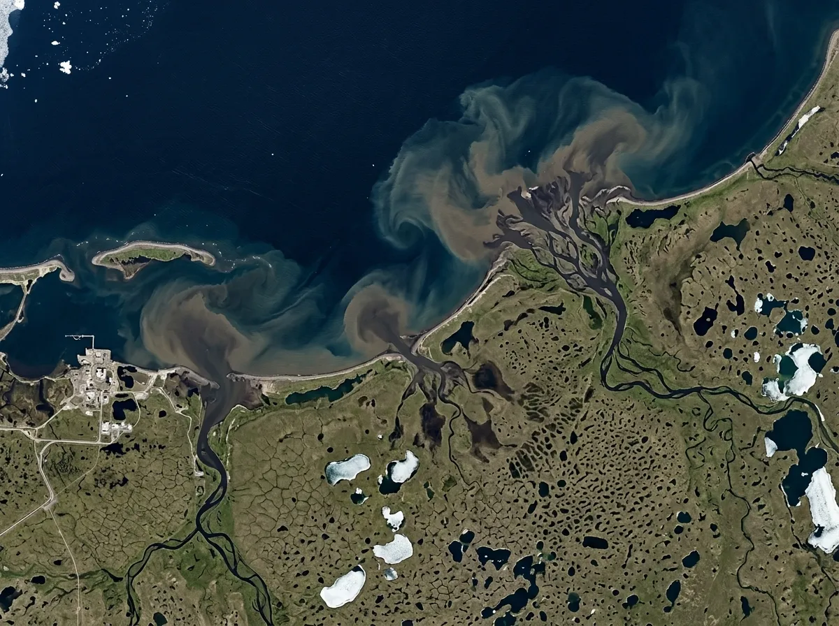 Satellite view of Alaska's North Slope showing brown river plumes entering the blue Beaufort Sea