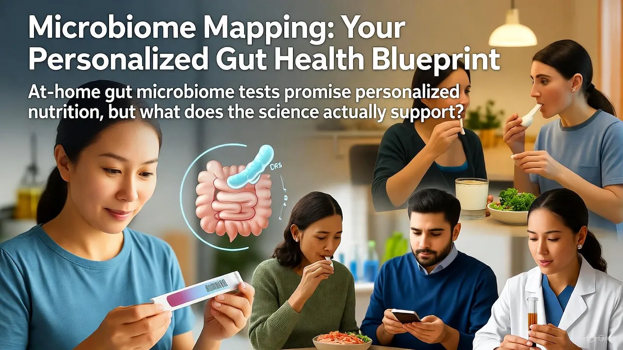 At-home microbiome test kit with collection tube and smartphone showing results app