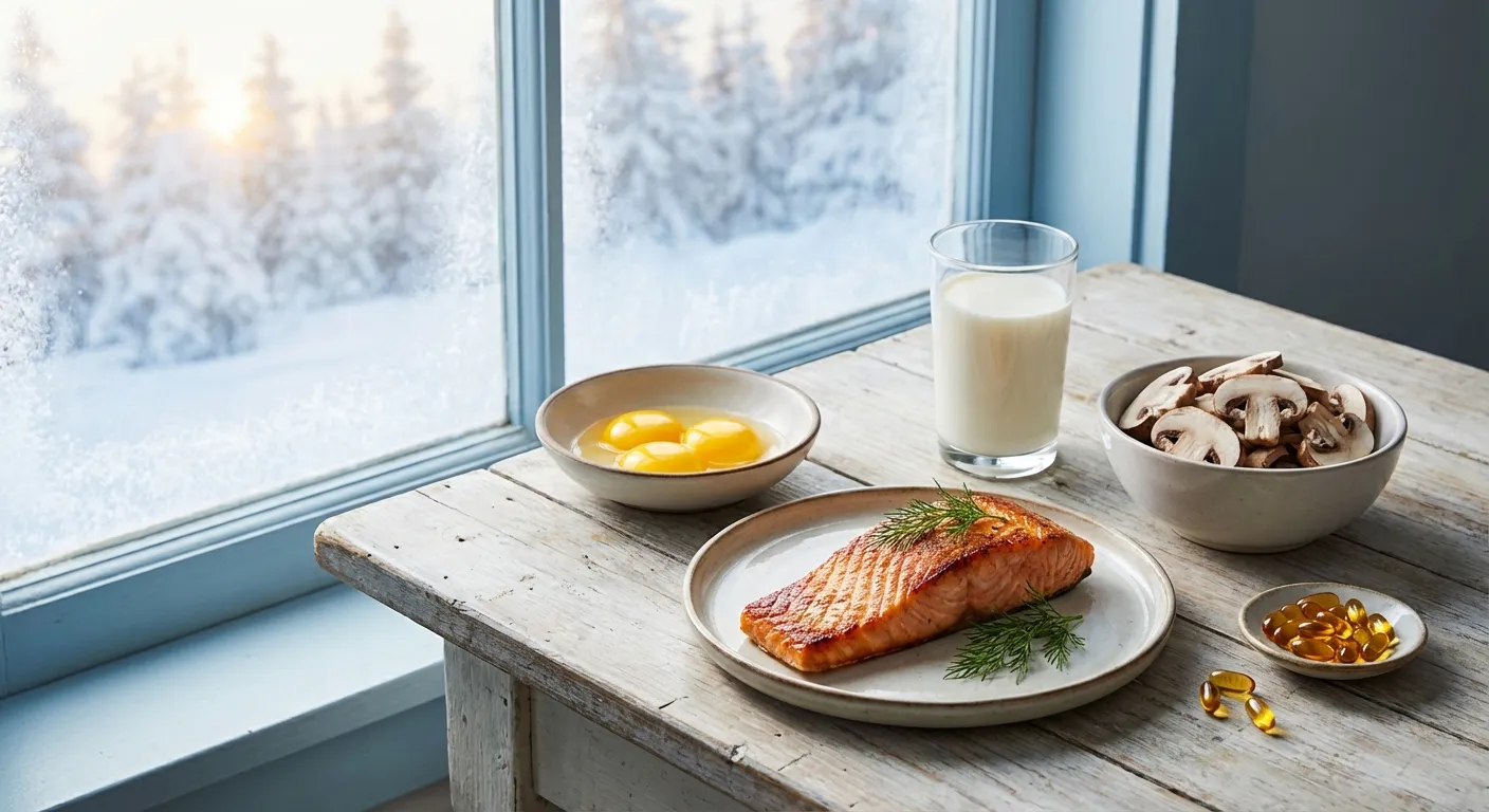 Vitamin D sources including fatty fish, egg yolks, and supplements with winter sunshine through a window