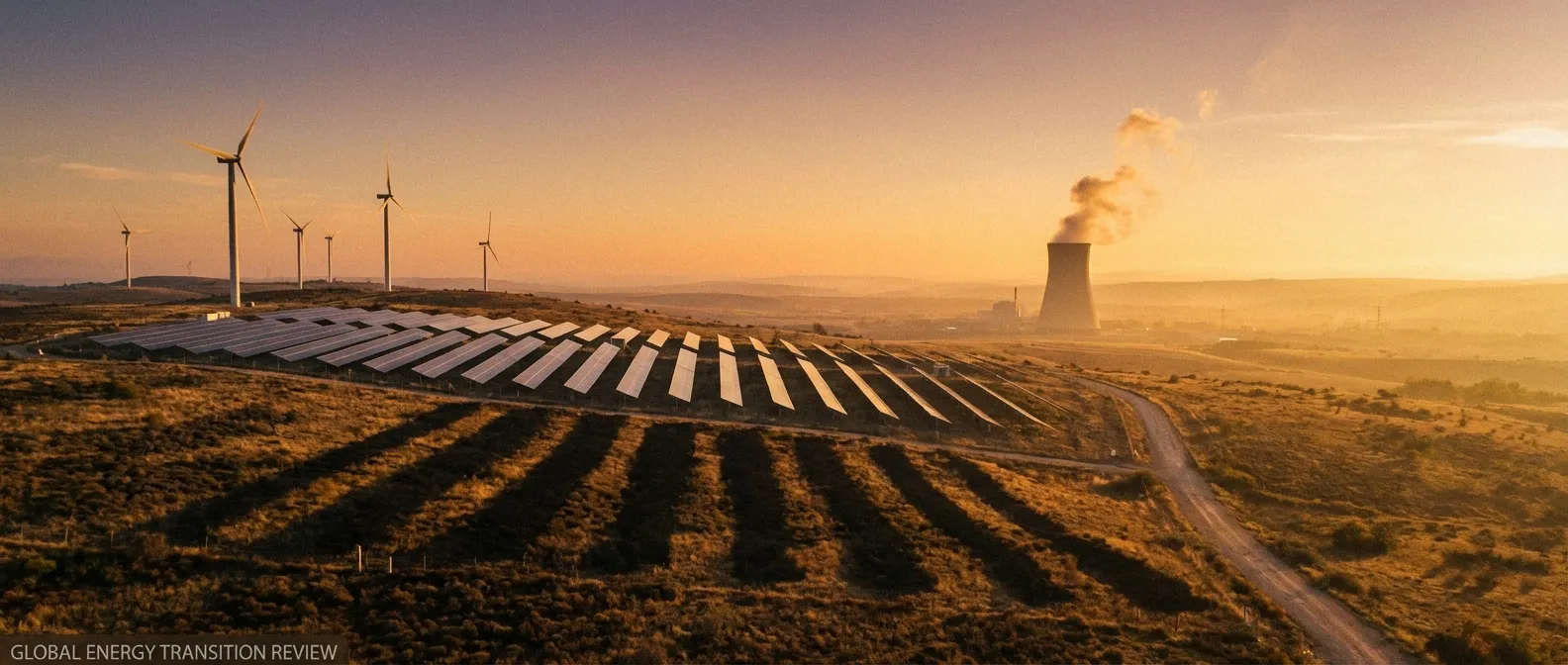 Solar panels and wind turbines alongside nuclear cooling tower showing mixed energy approach