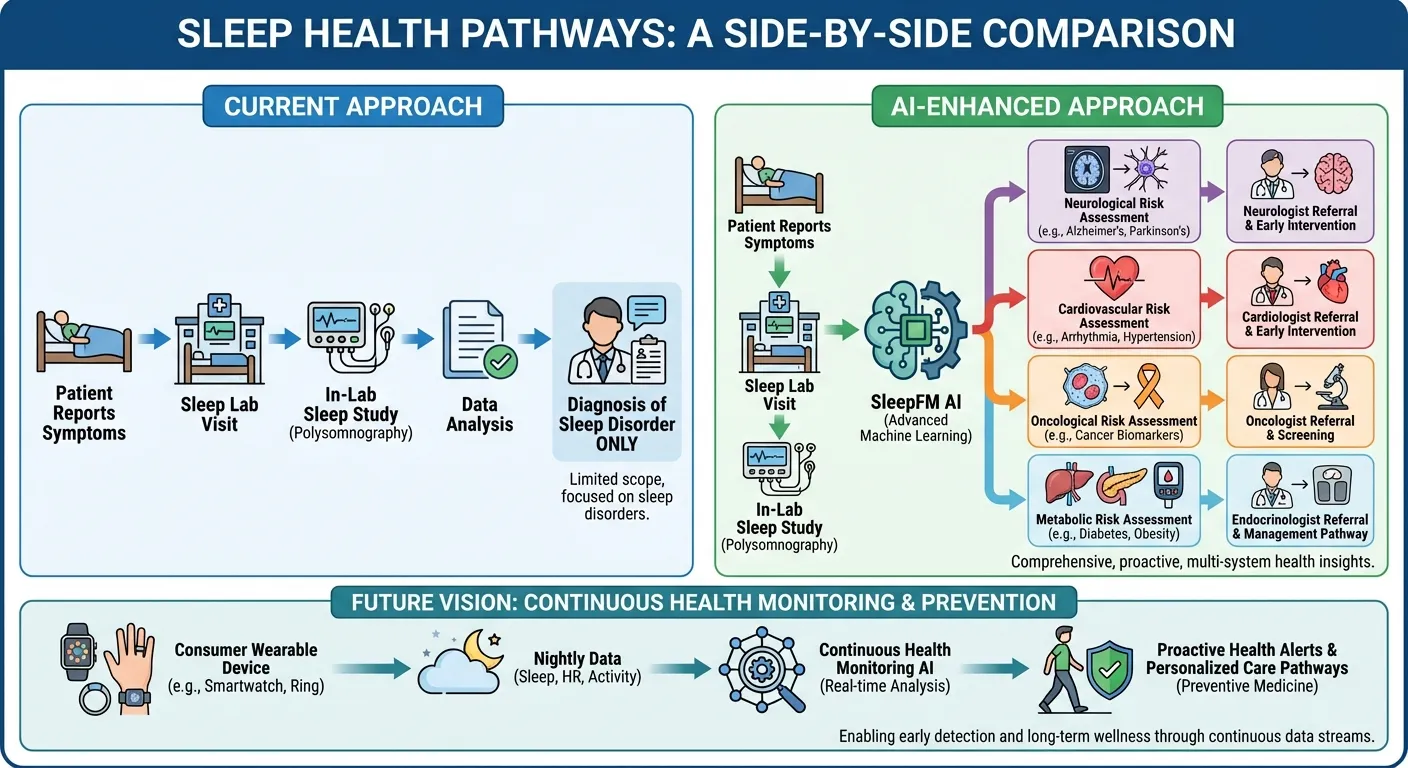 Comparison of current sleep study workflow versus AI-enhanced screening showing expanded diagnostic value