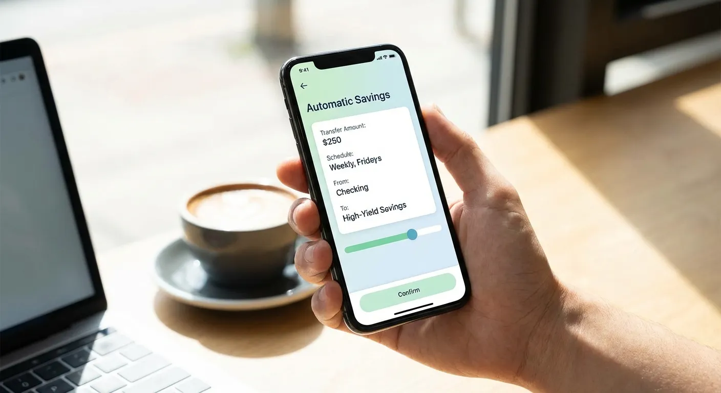 Smartphone showing banking app with automatic transfer settings on screen