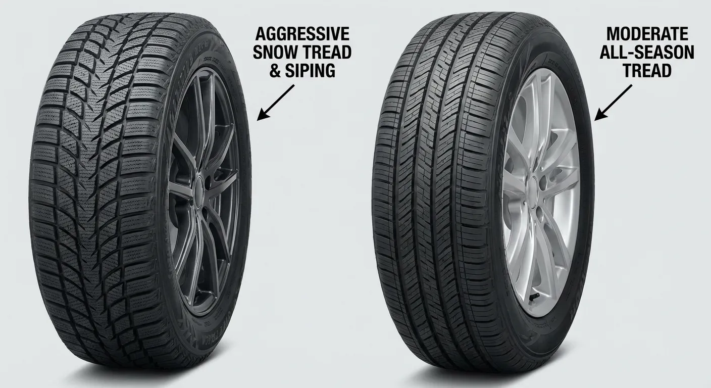 Winter tires with deep tread pattern next to all-season tires