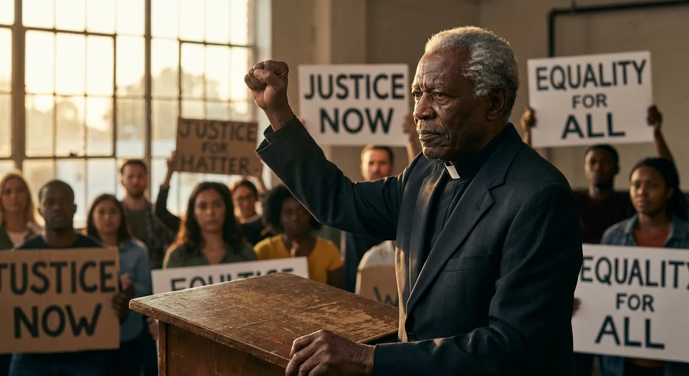 Reverend Jesse Jackson speaking passionately at a podium with raised fist