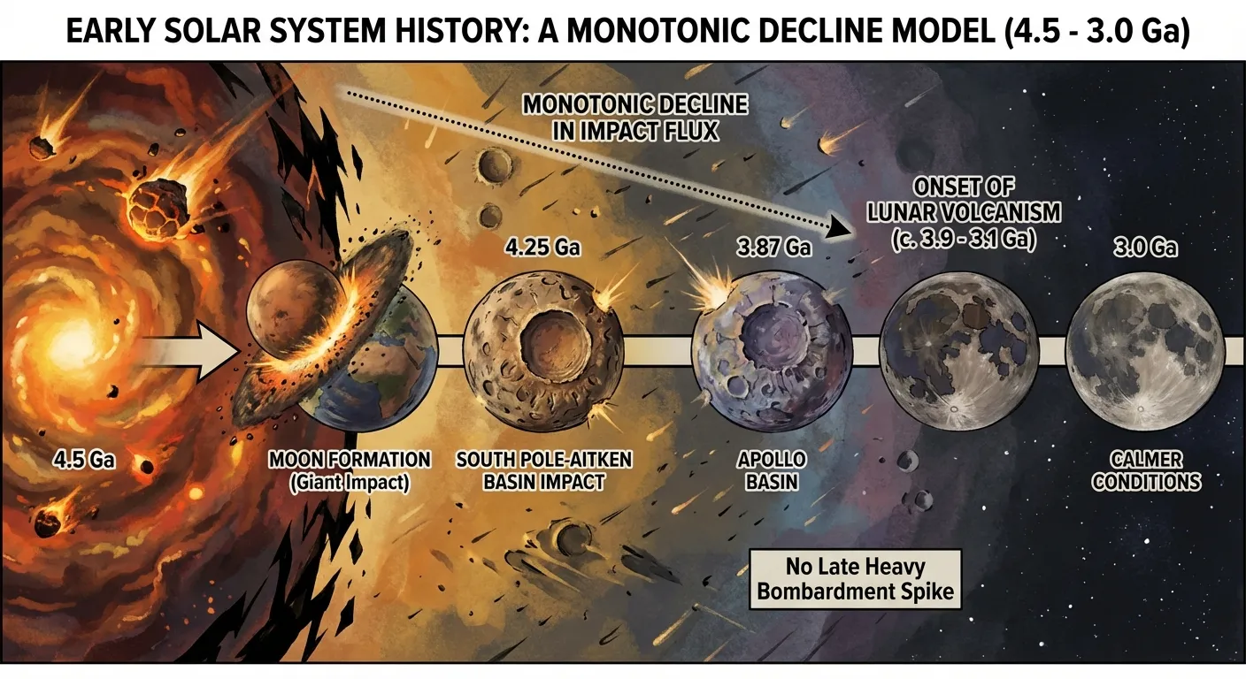 Timeline illustration showing revised early solar system impact history with key events marked