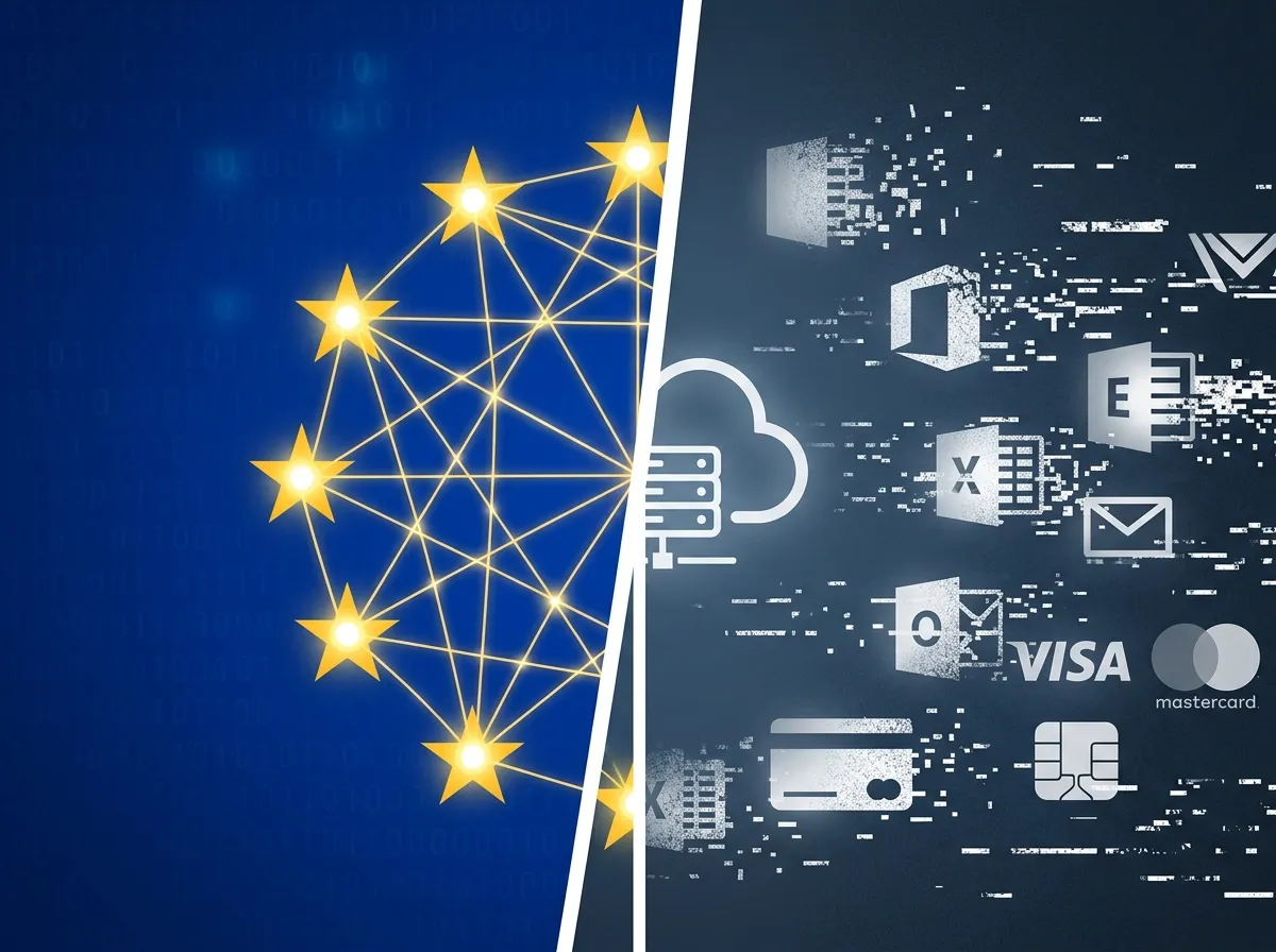 A split screen showing a European flag with digital code on one side and US tech logos fading on the other