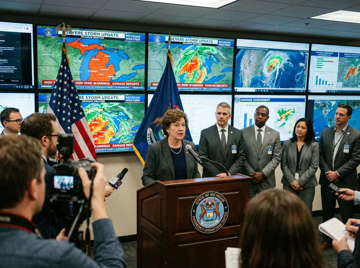 Michigan Governor Whitmer at emergency operations center briefing on tornado response