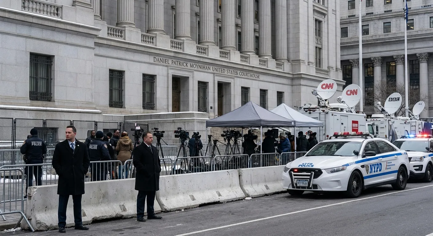Federal courthouse in Manhattan with heavy security presence and media gathered outside