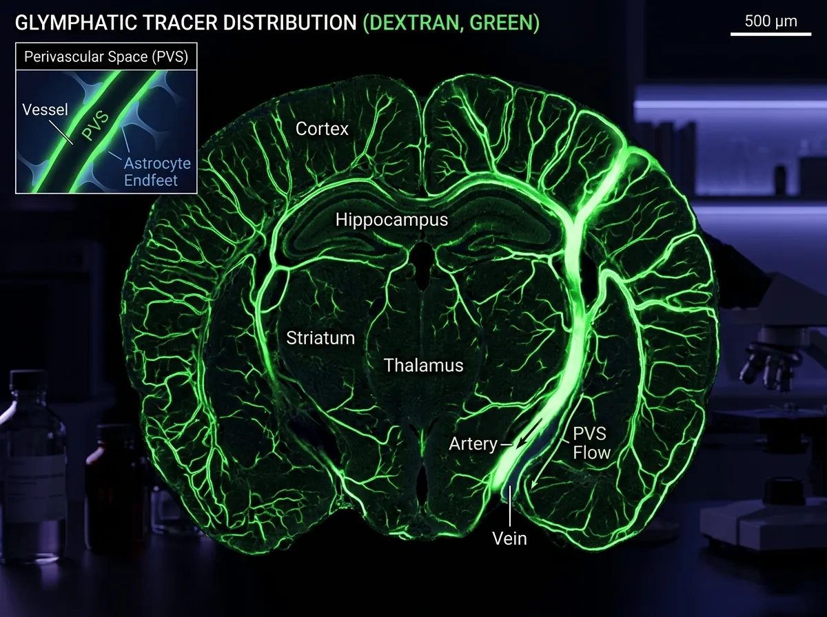 Mouse brain glowing under two-photon microscopy with fluorescent tracers showing fluid flow patterns