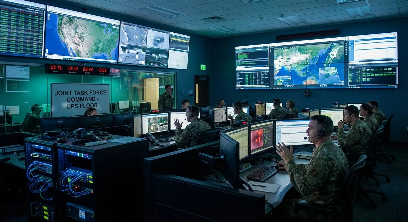 Military tactical operations command center with multiple screens displaying mission data