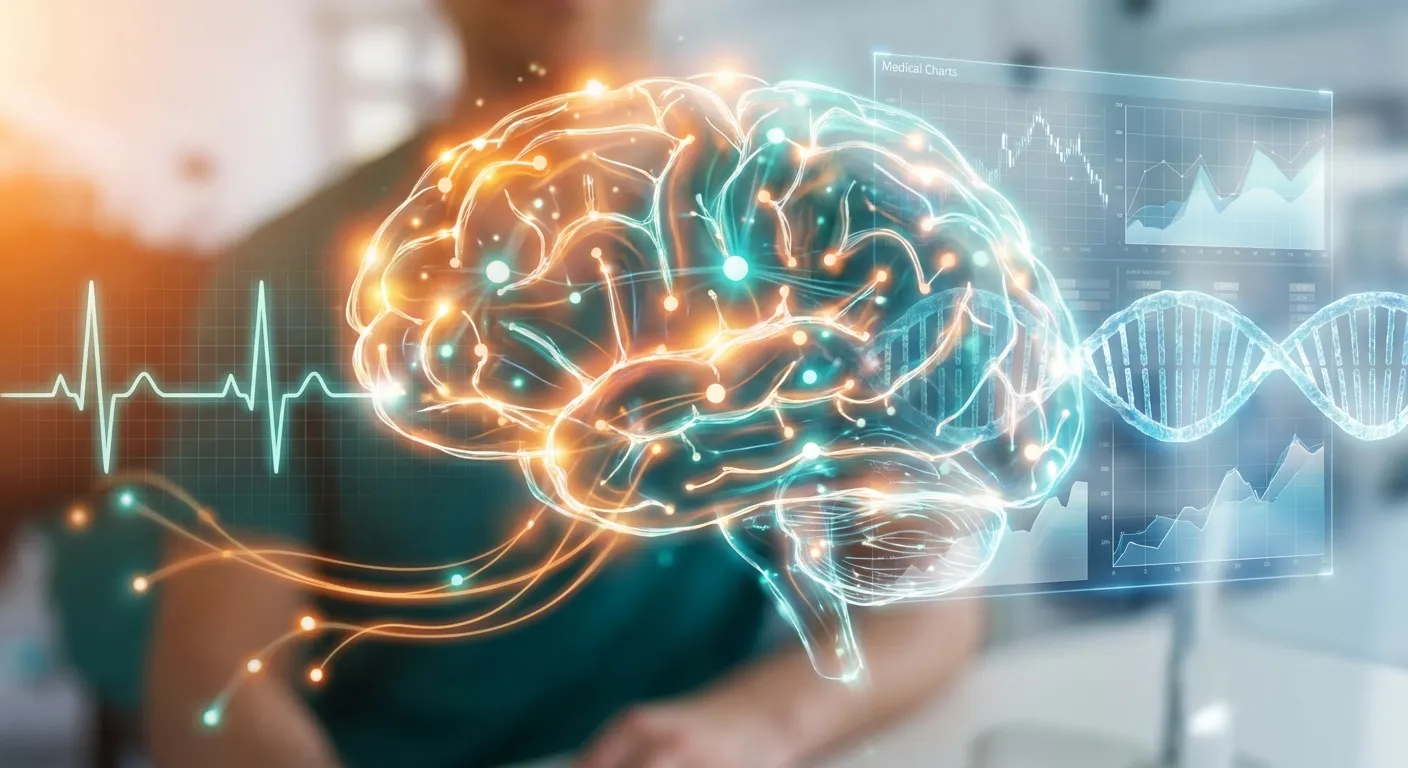 Abstract visualization of AI analyzing medical data and health records