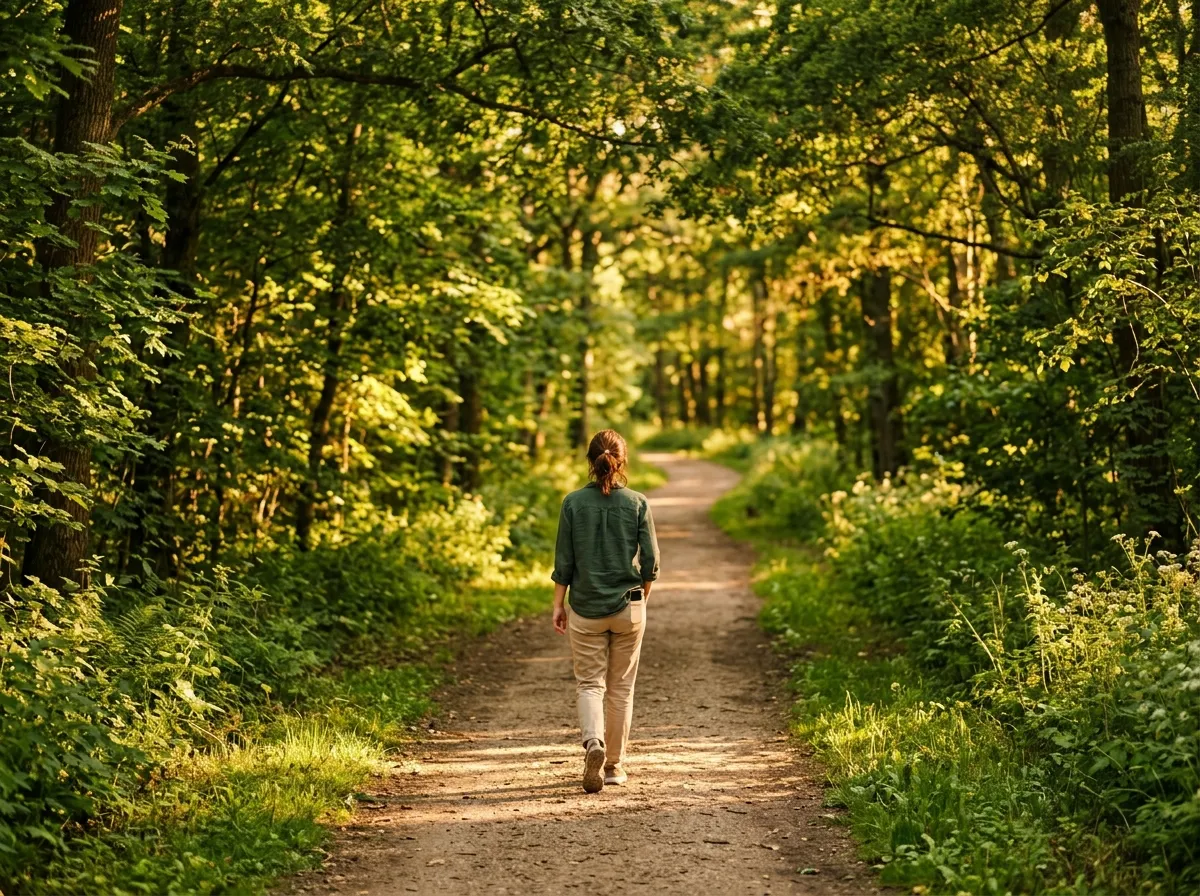 Person taking a walk outdoors in a green park with headphones off and phone away