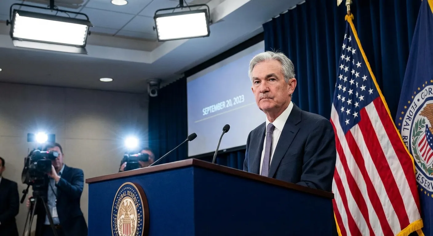 Jerome Powell at Federal Reserve press conference podium with American flag