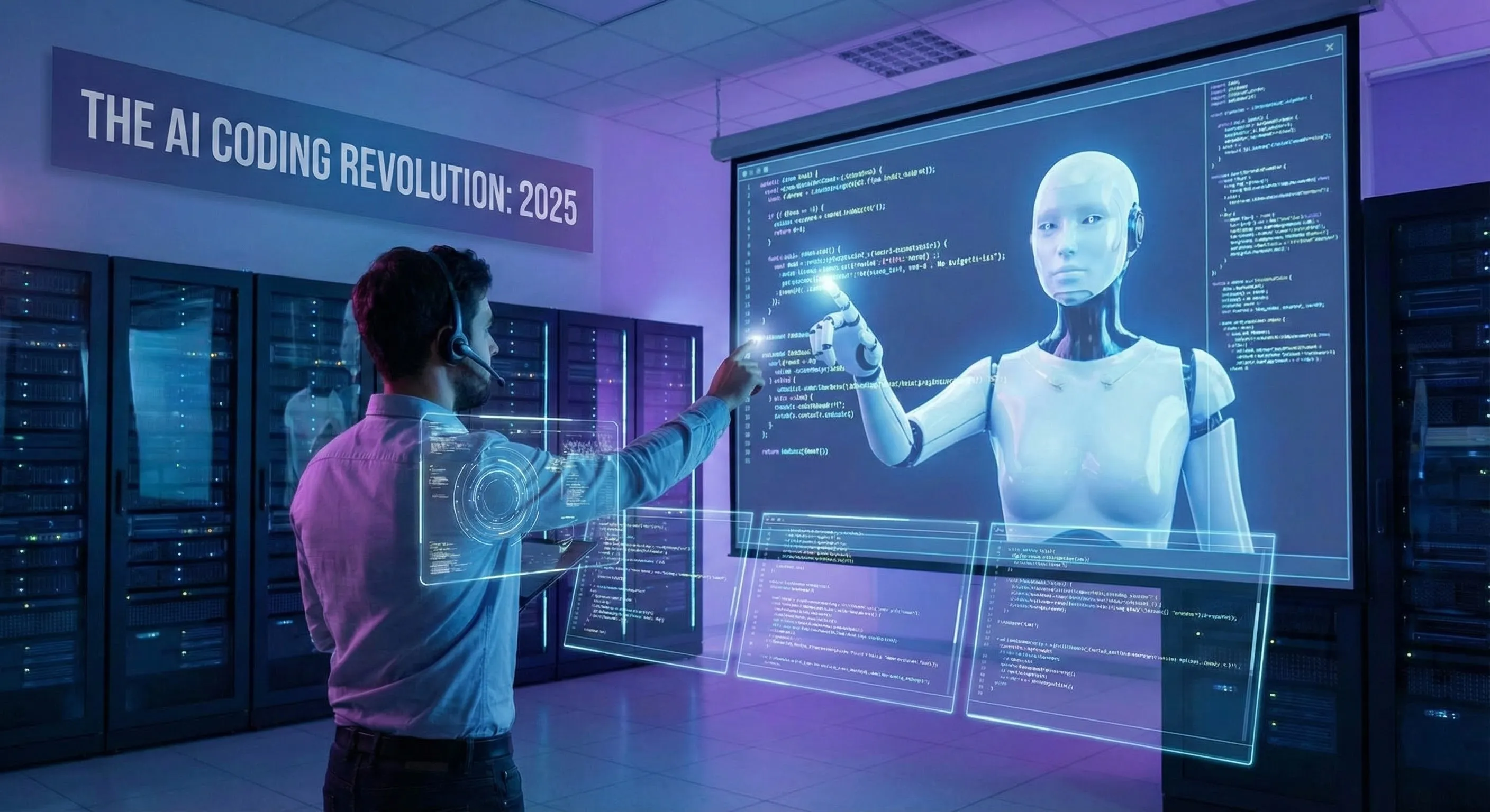 Split screen showing programmer and AI-generated code side by side