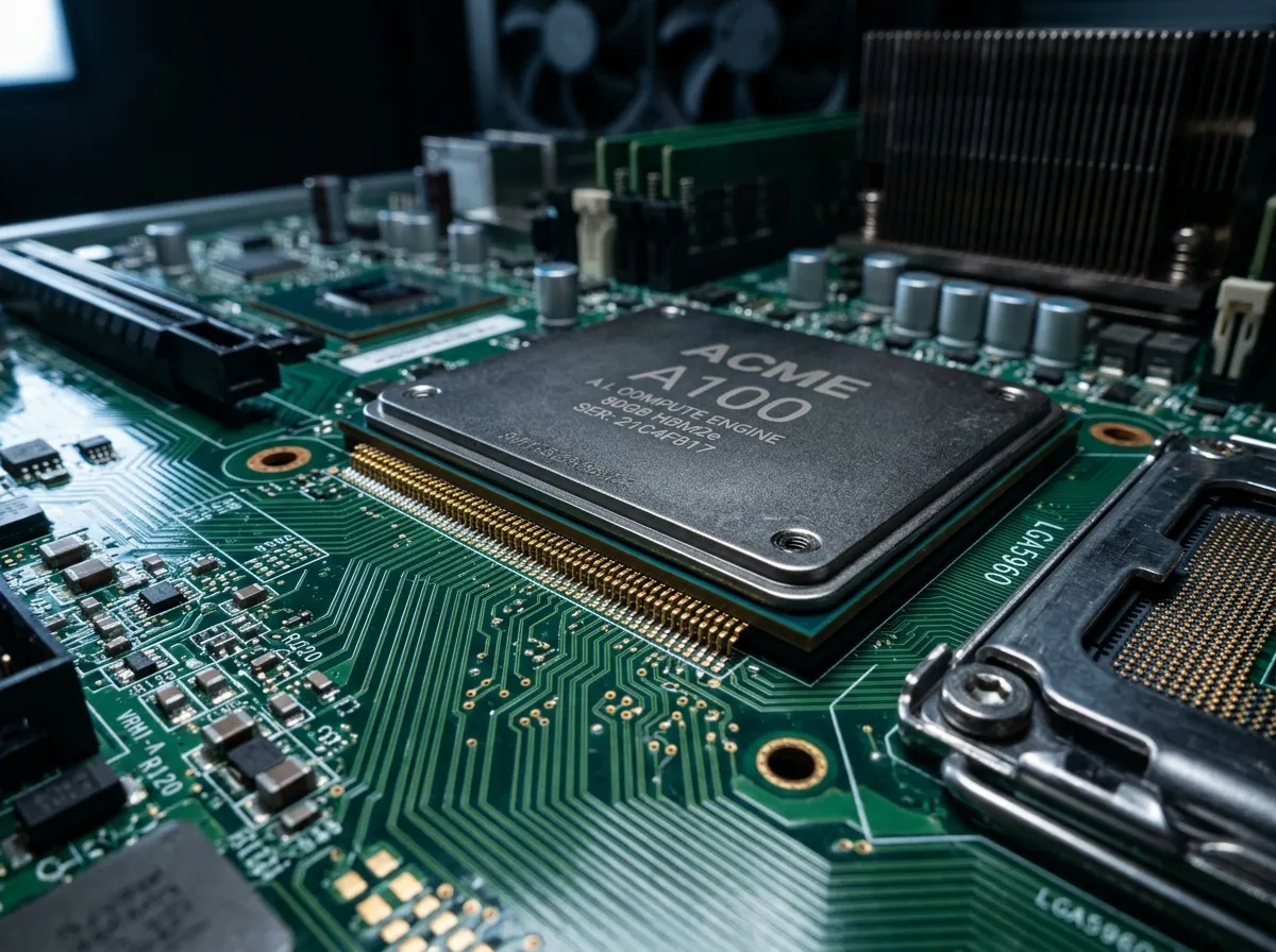 Close-up of a high-performance Nvidia GPU chip on a server board