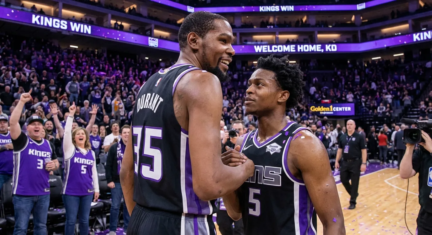 Kevin Durant and De'Aaron Fox celebrating during a Kings game