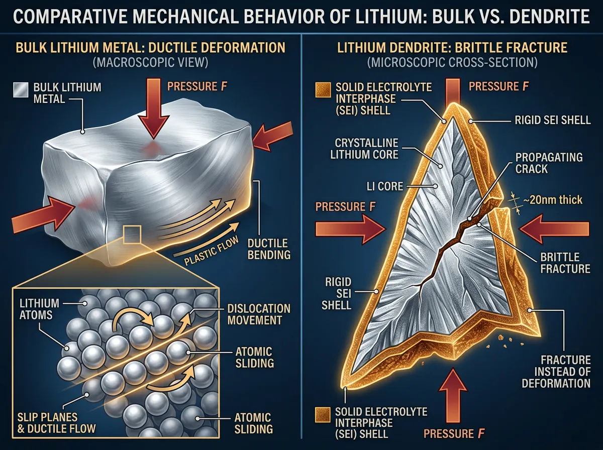Cross-section illustration comparing soft bulk lithium to a rigid dendrite with SEI coating