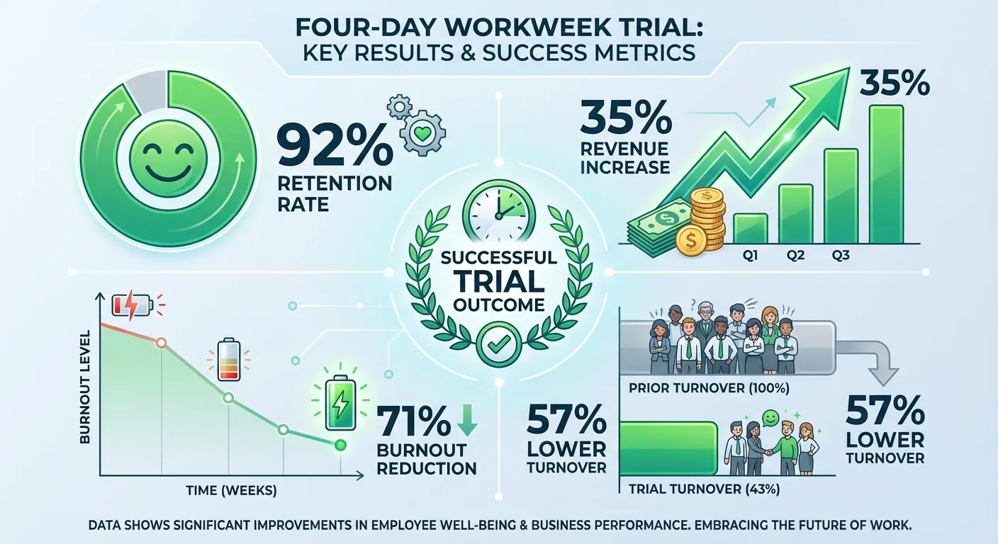 Infographic showing key metrics from four-day workweek trial results