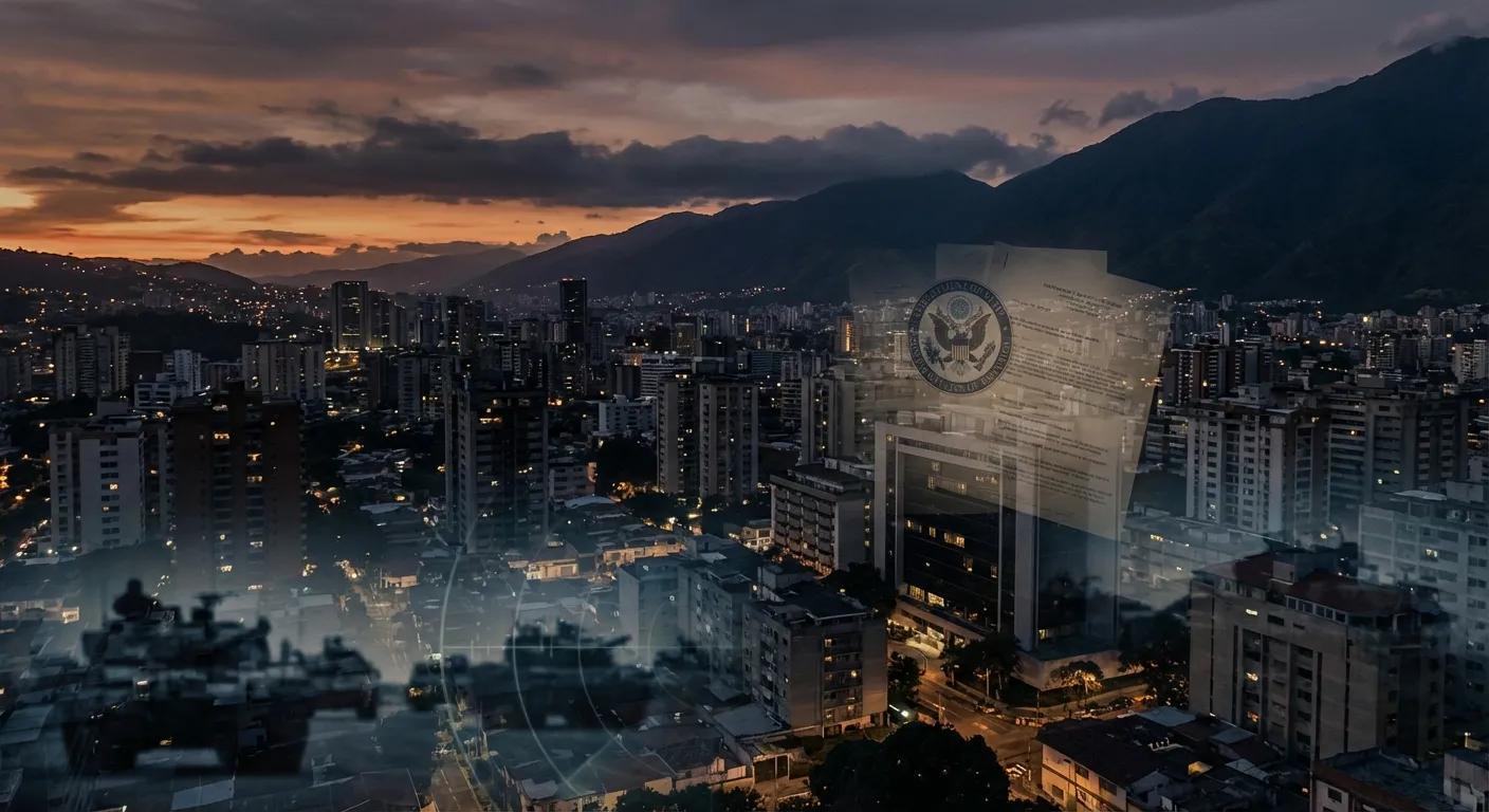 Aerial view of Caracas Venezuela with military and diplomatic imagery overlay