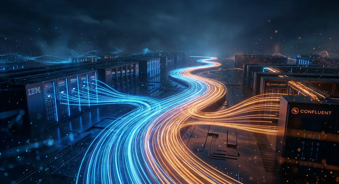 Abstract visualization of data streams flowing through IBM and Confluent logos