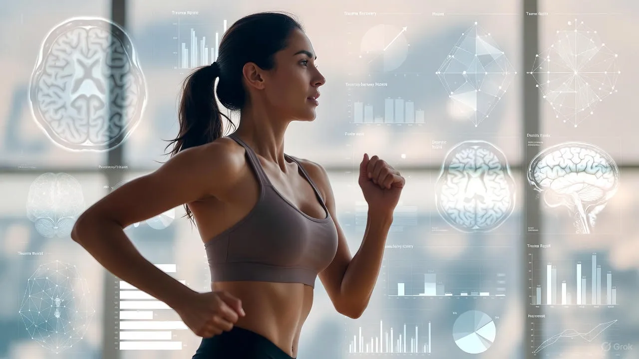 A person running alone on a peaceful forest trail in morning light, looking focused and calm