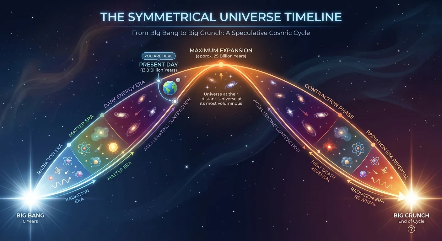 Timeline diagram showing the universe expanding to maximum size then contracting