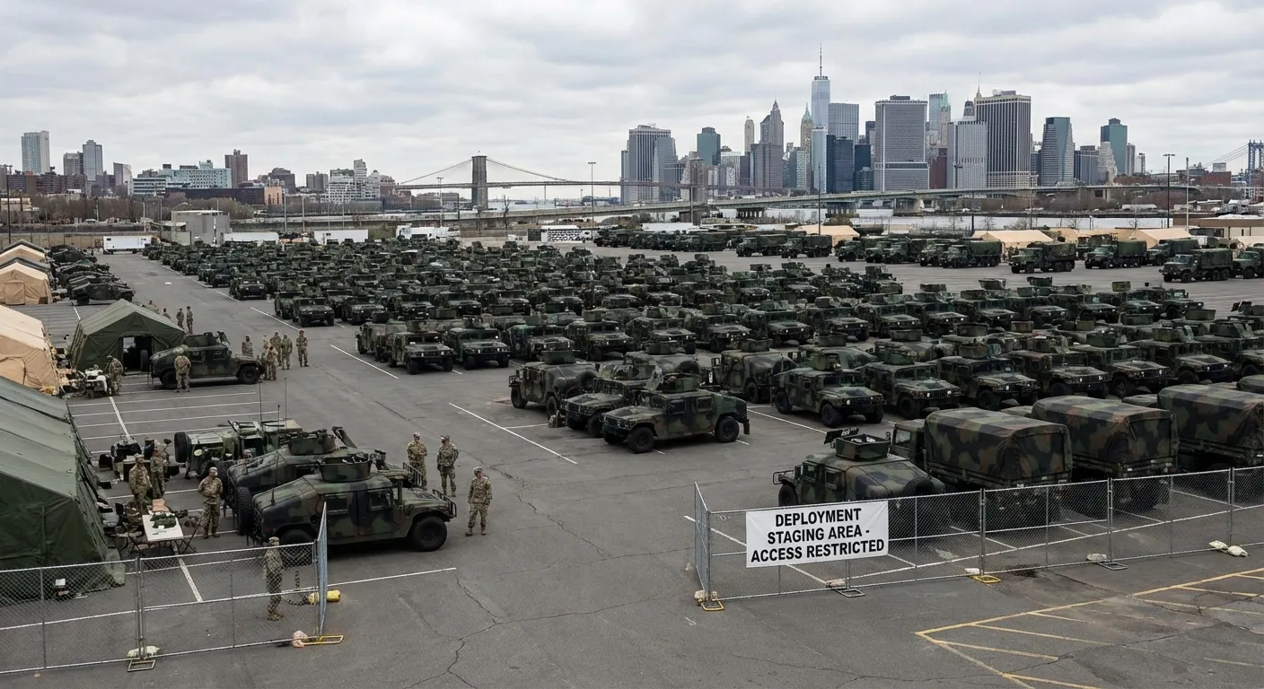 National Guard vehicles and troops staged near urban area