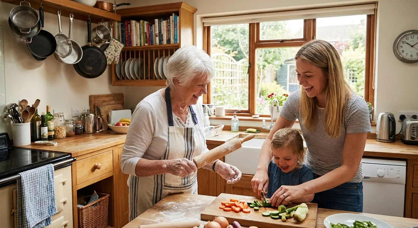 Multi-generational family preparing food together in kitchen