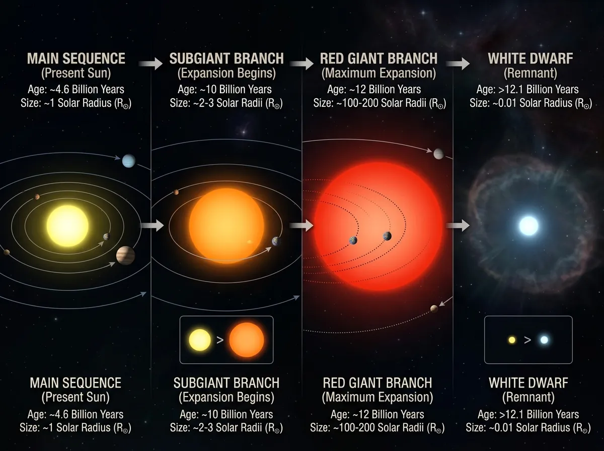 Diagram showing a star's evolution from main sequence to red giant engulfing inner planets
